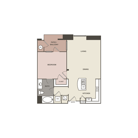 A floor plan of a house with a living room, dining room, kitchen, bedroom, and bathroom.
